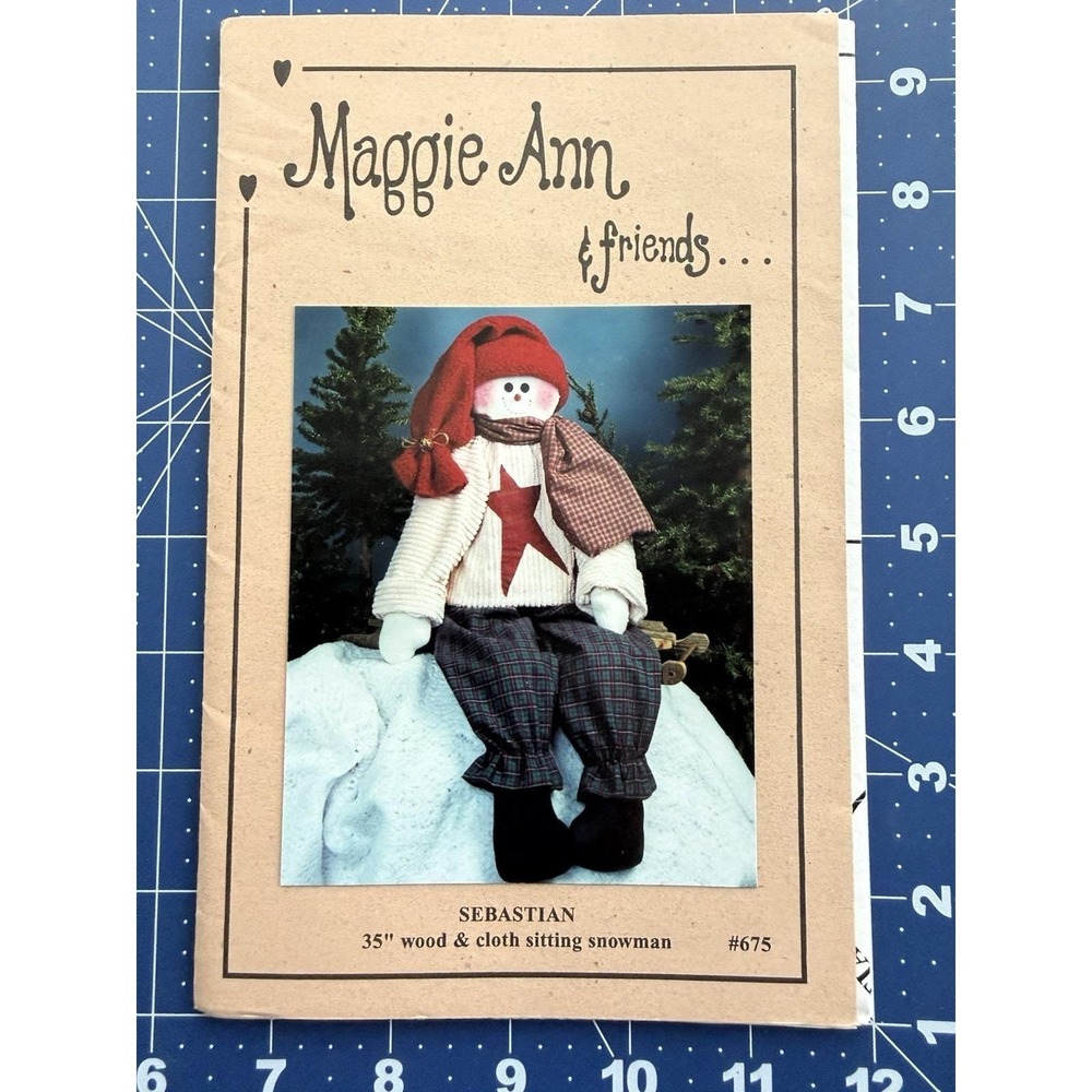 Maggie Ann & Friends‎ Pattern: SEBASTIAN 35" Wood & Cloth Sitting Snowman Decor